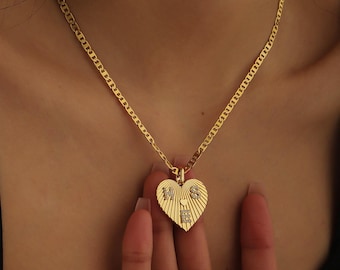 Personalized Initial Heart Pendant, Cubic Zirconia, Stainless Steel Cuban Chain