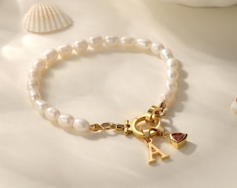 Freshwater Pearl Initial Bracelet, Gold-Plated Birthstone Jewelry, Personalized Gift