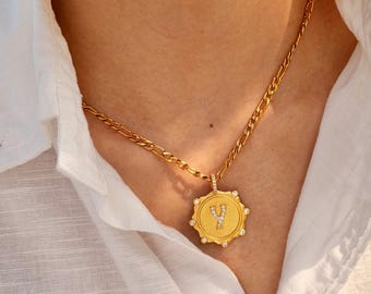 Personalized Medallion Initial Diamond Necklace, Sunburst Pendant, Figaro Chain, Gold Tone