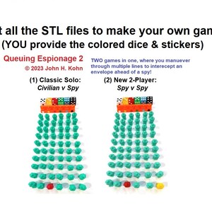 May include: A 3D printed game board with two rows of green, 3D printed pieces. The game board is labeled "Queuing Espionage 2" and includes the text "(1) Classic Solo: Civilian v Spy" and "(2) New 2-Player: Spy v Spy".