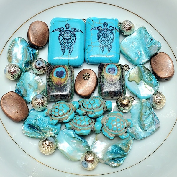 Turquoise blue shell bead mix, shell beads, Turquoise bead soup, bronze beads, 38 pieces