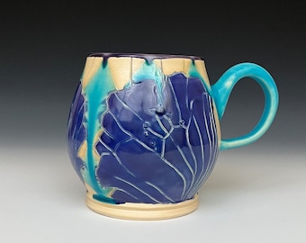 Full-Bellied Thrown Porcelain Mug with Dark Purple Flowers