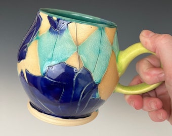 Full-Bellied Thrown Porcelain Mug with Deep Blue Flowers