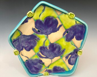 Colorful and unique dinner/serving plate with purple and chartreuse decoration