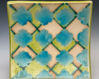 Square serving plate with bright blue and green