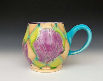 Large Thrown Mug with Rich Fuschia Flower Pattern