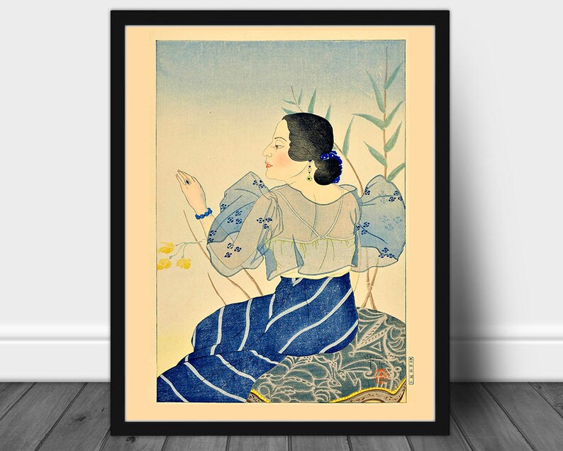 PAUL JACOULET woodblock print FrenchJapanese, 1902-1960 Vintage Instant Download Print Art - Beautiful Chamorro Girl in Indigo 1934