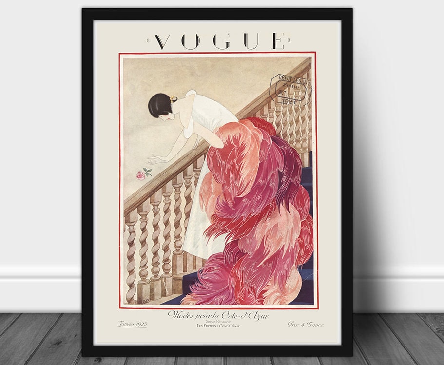 Vintage Vogue Magazine Cover - 1925 January - Pink Feather Tail Dress Girl - Art Illustration - Instant Digital Download - 300dpi jpg