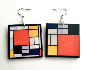 Mondrian Inspired Geometric Wood Earrings - Colorful Abstract Jewelry, 925 Sterling Silver Hooks