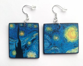 Pendientes de la Noche Estrellada de Van Gogh – Joyería artística asimétrica azul y amarilla