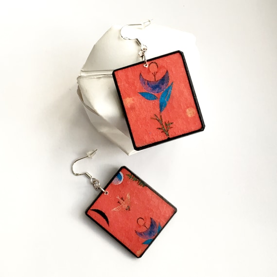Mismatched earrings, Flower Myth by Paul Klee, gift for wife