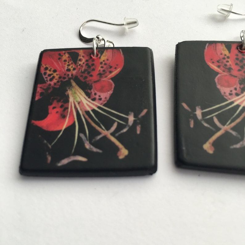 First anniversary gift for her Red flowers wooden earrings Mary Delany floral art.