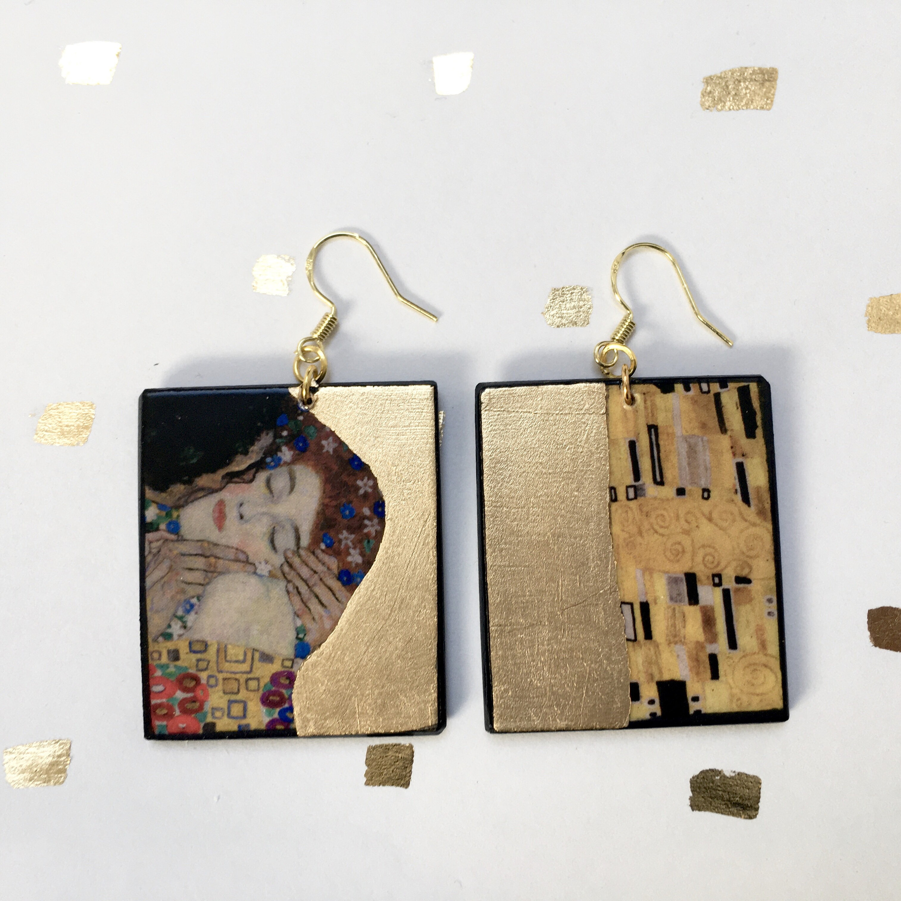 Gustav Klimt The Kiss Wood Earrings - Gold Leaf Art Nouveau Jewelry