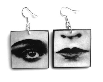 Mismatched Pop Art Wood Earrings - Bauhaus Black White Geometric Dangles