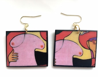 Sapphic earrings, Cubism art, pink woman, sustainable gift