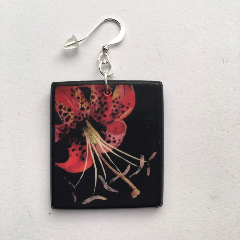 First anniversary gift for her Red flowers wooden earrings Mary Delany floral art.