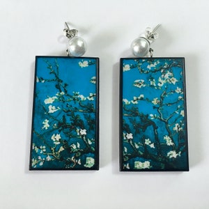 Van Gogh, pearls earrings, Almond Blossom painting. Valentine day gift