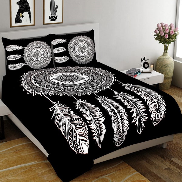 Dreamcatcher Pure Cotton Double Bedsheet with 2 Pillow Covers-(NDB-DC-Bl)