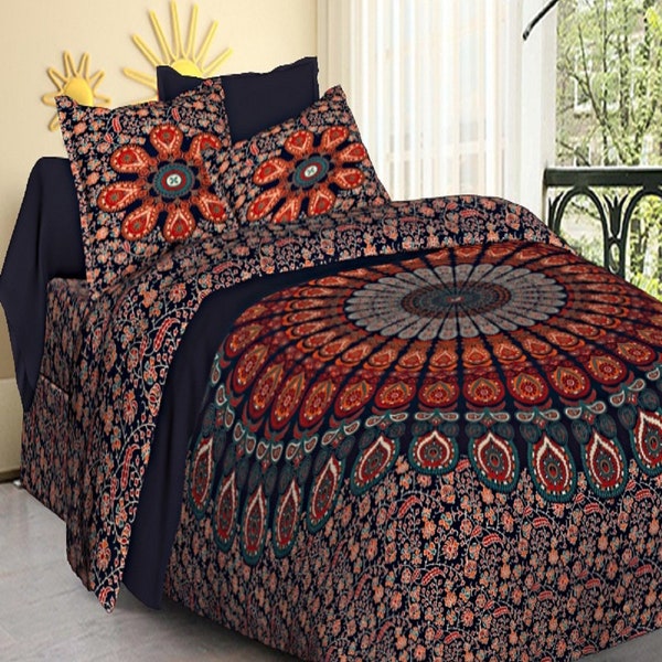 Mandala Print Pure Cotton Double Bedsheet with 2 Pillow Cover- (NDB-Pankh-B)