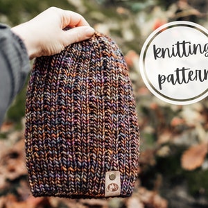 May include: A close-up of a hand holding a knitted beanie hat with a multi-colored yarn in shades of brown, black, orange, and pink. The hat has a leather patch with a logo on it. The text "knitting pattern" is written in a circle in the background.