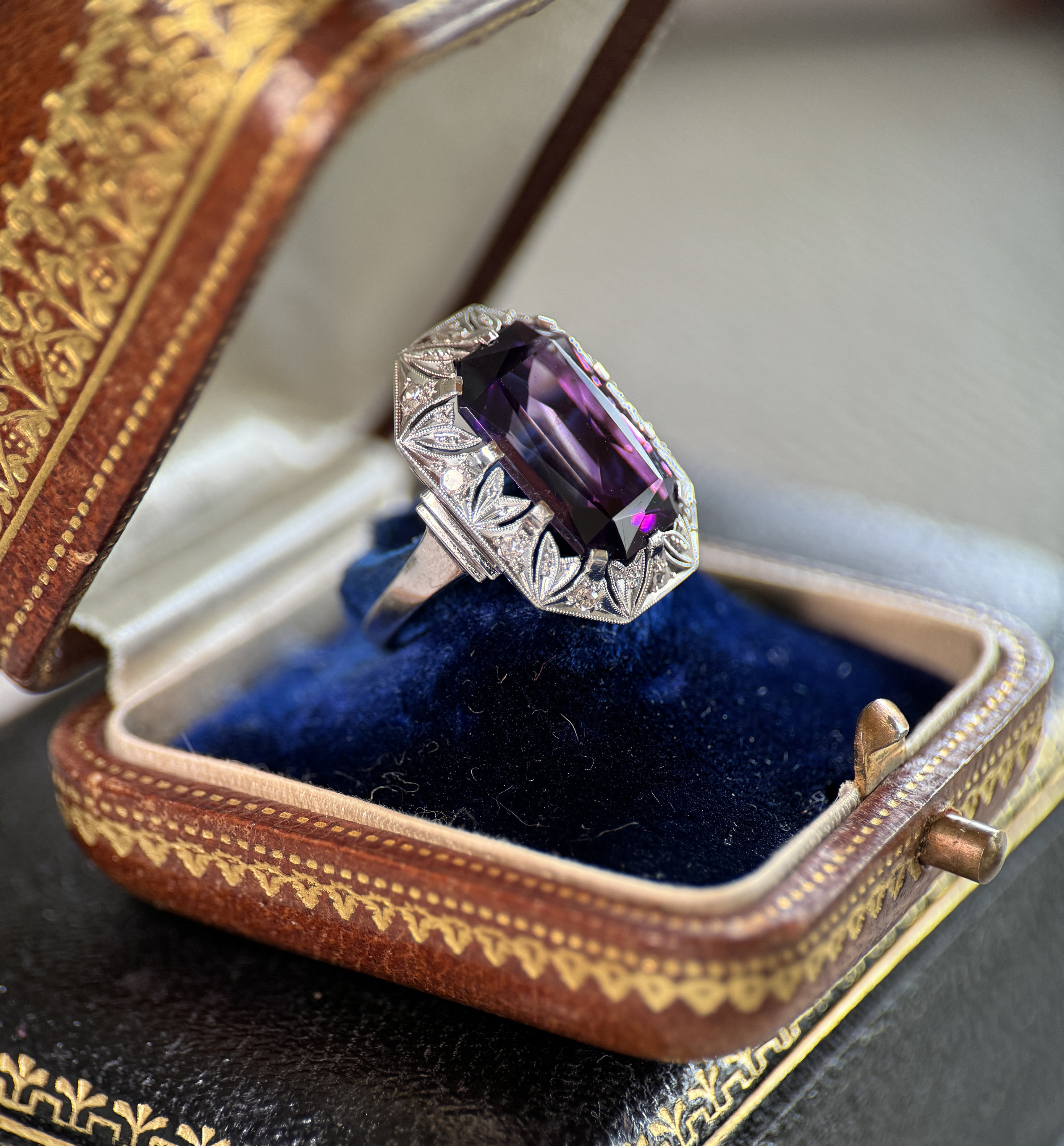 Antique Edwardian Amethyst Old European Cut Diamond Ring