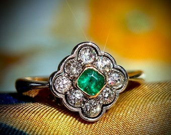 Edwardian Emerald Diamond Cluster Ring