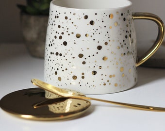 White Speckled Mug With Gold Lid and Spoon | Coffee Cup | Tea Cup | Gift | Stocking Filler