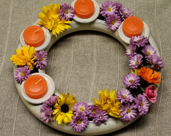 Flower ring Advent wreath with candle holders, white - gift idea