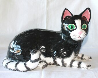 Cat lying ceramic handpainted decorative cat