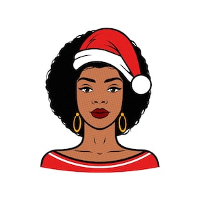 Formats - SVG, PNG, PDF - Christmas Girl Face, Happy New Year, Merry Christmas, Woman Face, Afro Style, Black Beauty