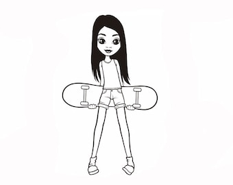 Formats - SVG, PNG, PDF - Skateboard Girl With Straight Hair, Cute Girl, Extreme, Extreme Ocean, Afro Woman, Skateboarding, Skate, Surfing