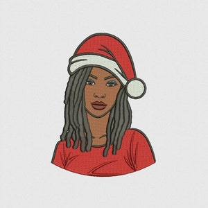 May include: A woman with long dreadlocks wears a red Santa hat with a white pom-pom. She is wearing a red shirt.