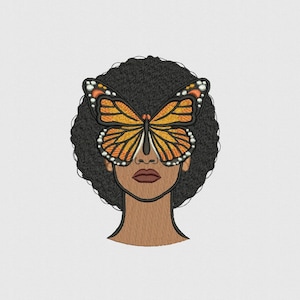 Butterfly On The Girls Face, Woman Face, Afro Style, Black Beauty, Machine Embroidery Design, 3 sizes