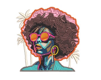 Linda chica con gafas de sol, palmeras, mujer negra, belleza, diseño de bordado a máquina, 3 tamaños