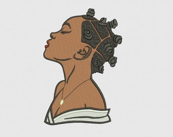 Chica con camiseta blanca, Rostro de mujer, Estilo afro, Belleza negra, Diseño de bordado a máquina, 4 tallas