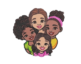 Meilleures amies, filles, jolie fille portrait, visage de femme, style afro, beauté noire, motif de broderie machine, 3 tailles