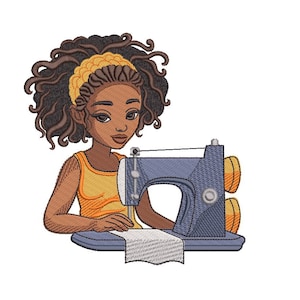 Girl At The Sewing Machine, Cute Girl Portrait, Woman Face, Afro Style, Black Beauty, Machine Embroidery Design, 3 sizes