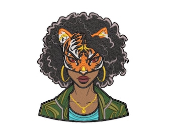 La ragazza con la maschera della tigre, donna nera, bellezza, disegno ricamo a macchina, 3 dimensioni