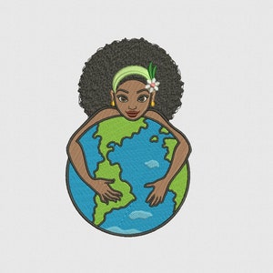 Chica de la Tierra, Planeta, Mundo, Naturaleza, Mapa, Continente, Rostro de Mujer, Estilo Afro, Belleza Negra, Diseño de Bordado a Máquina, 3 tamaños