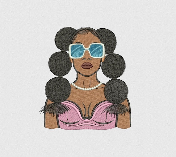 Chica negra con gafas azules, rostro de mujer, estilo afro