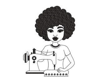 Chica en la máquina de coser, retrato de chica linda, rostro de mujer, estilo afro, belleza negra, diseño de bordado a máquina, 3 tamaños