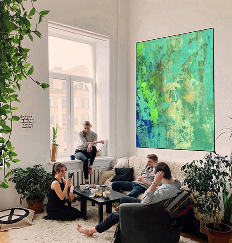 Extra Large Abstract Art Print Abstract Art Print on canvas Teal green beige blue abstract painting giclee print Abstract Painting Print