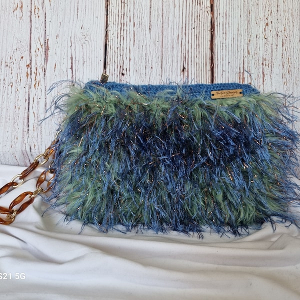 Handmade crochet unique Clutch Bag in Copper and Blues colours a gift for Woman, Girlfriend, Christmas, Mother's Day, Valentines Day