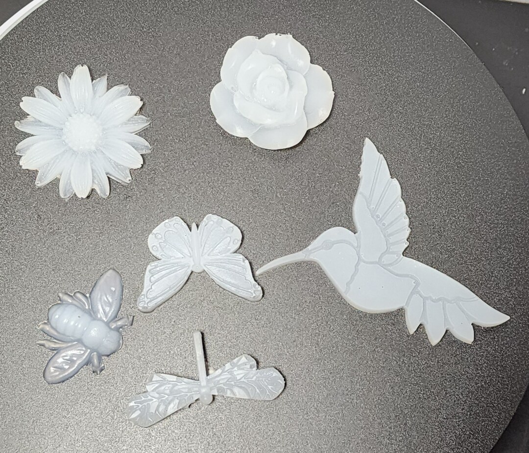 6 Small Silicone Inlays, Hummingbird, Dragonfly, Butterfly, Rose, Daisy ...
