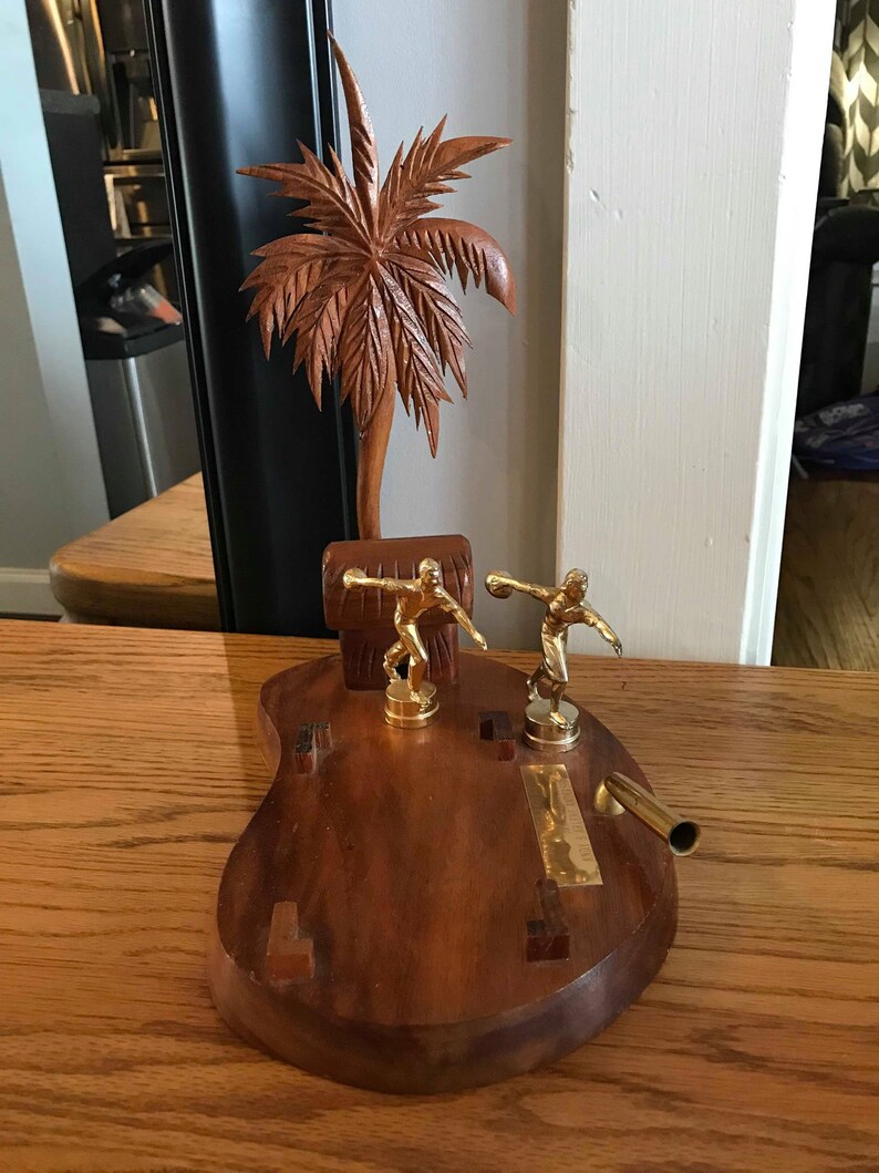 Vintage 60s Palm Tree Village Hut Hawaiian Koa Wood Naval Bowling League Trophy Retro Hawaii Wooden Trophy Rare Unique HTF Hard to Find