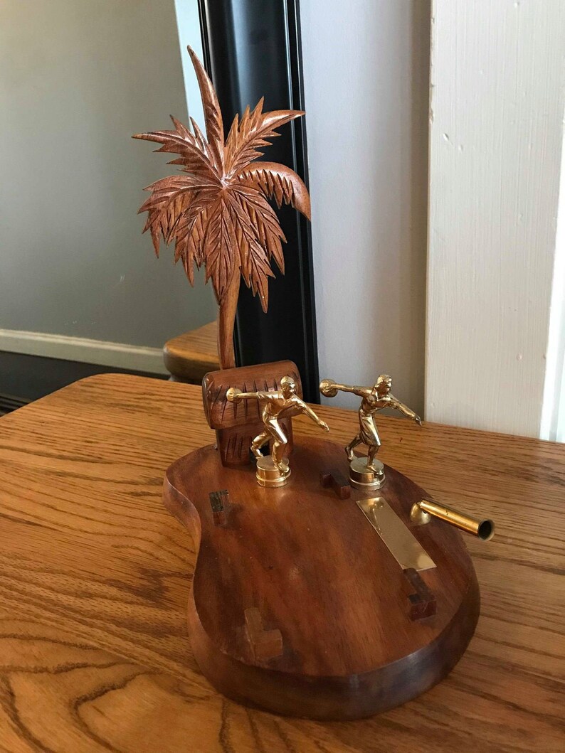 Vintage 60s Palm Tree Village Hut Hawaiian Koa Wood Naval Bowling League Trophy Retro Hawaii Wooden Trophy Rare Unique HTF Hard to Find