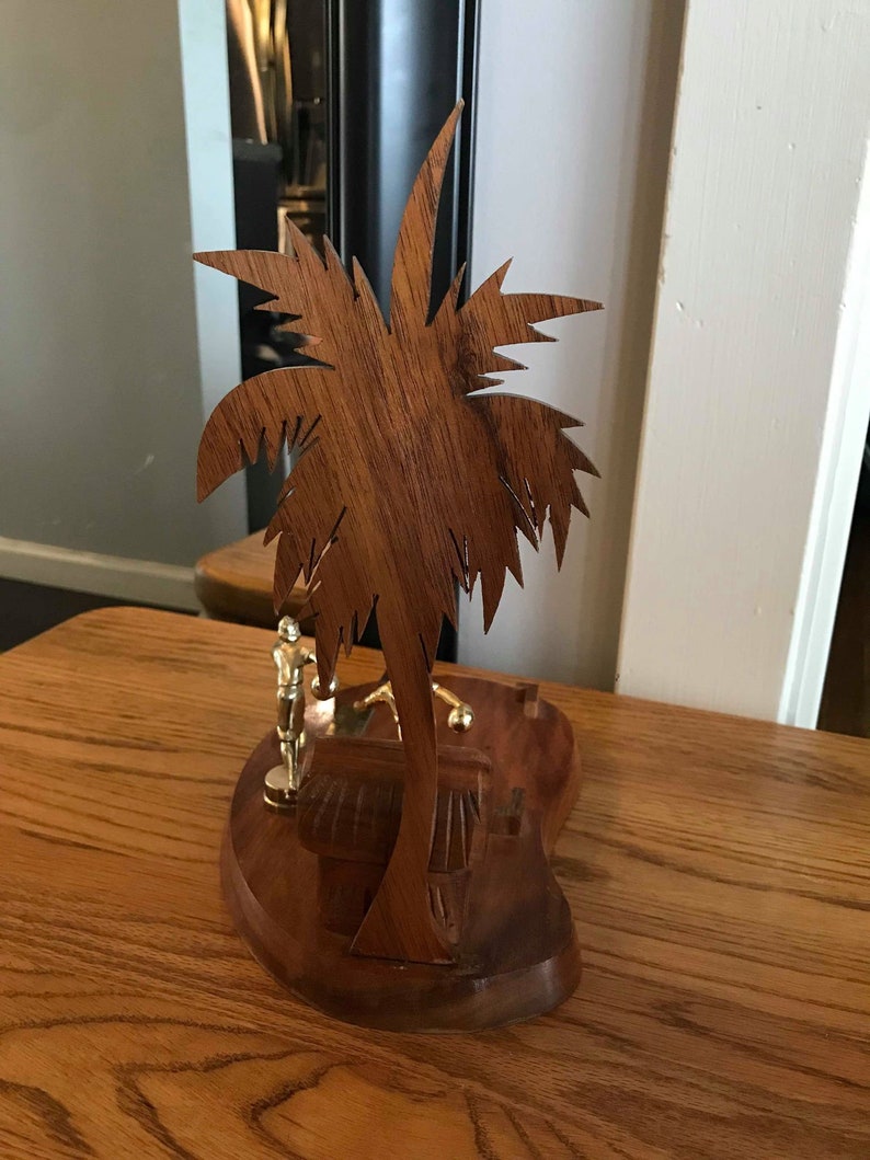 Vintage 60s Palm Tree Village Hut Hawaiian Koa Wood Naval Bowling League Trophy Retro Hawaii Wooden Trophy Rare Unique HTF Hard to Find