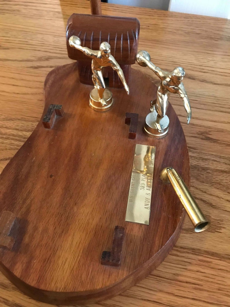 Vintage 60s Palm Tree Village Hut Hawaiian Koa Wood Naval Bowling League Trophy Retro Hawaii Wooden Trophy Rare Unique HTF Hard to Find