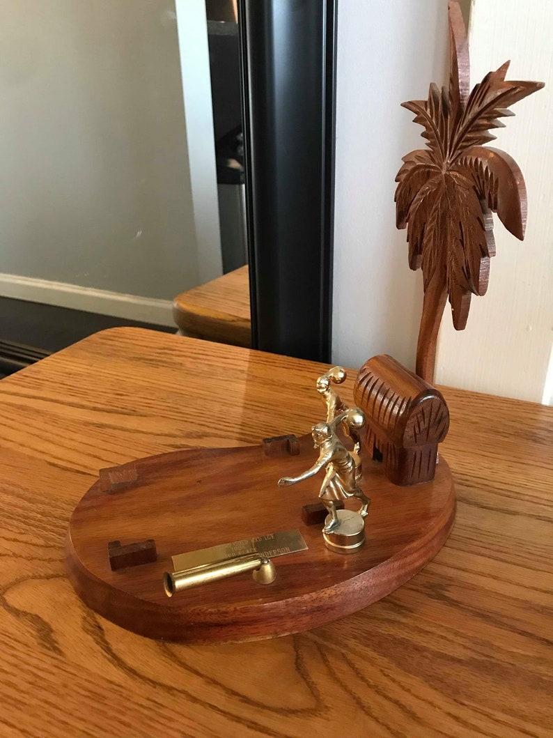 Vintage 60s Palm Tree Village Hut Hawaiian Koa Wood Naval Bowling League Trophy Retro Hawaii Wooden Trophy Rare Unique HTF Hard to Find