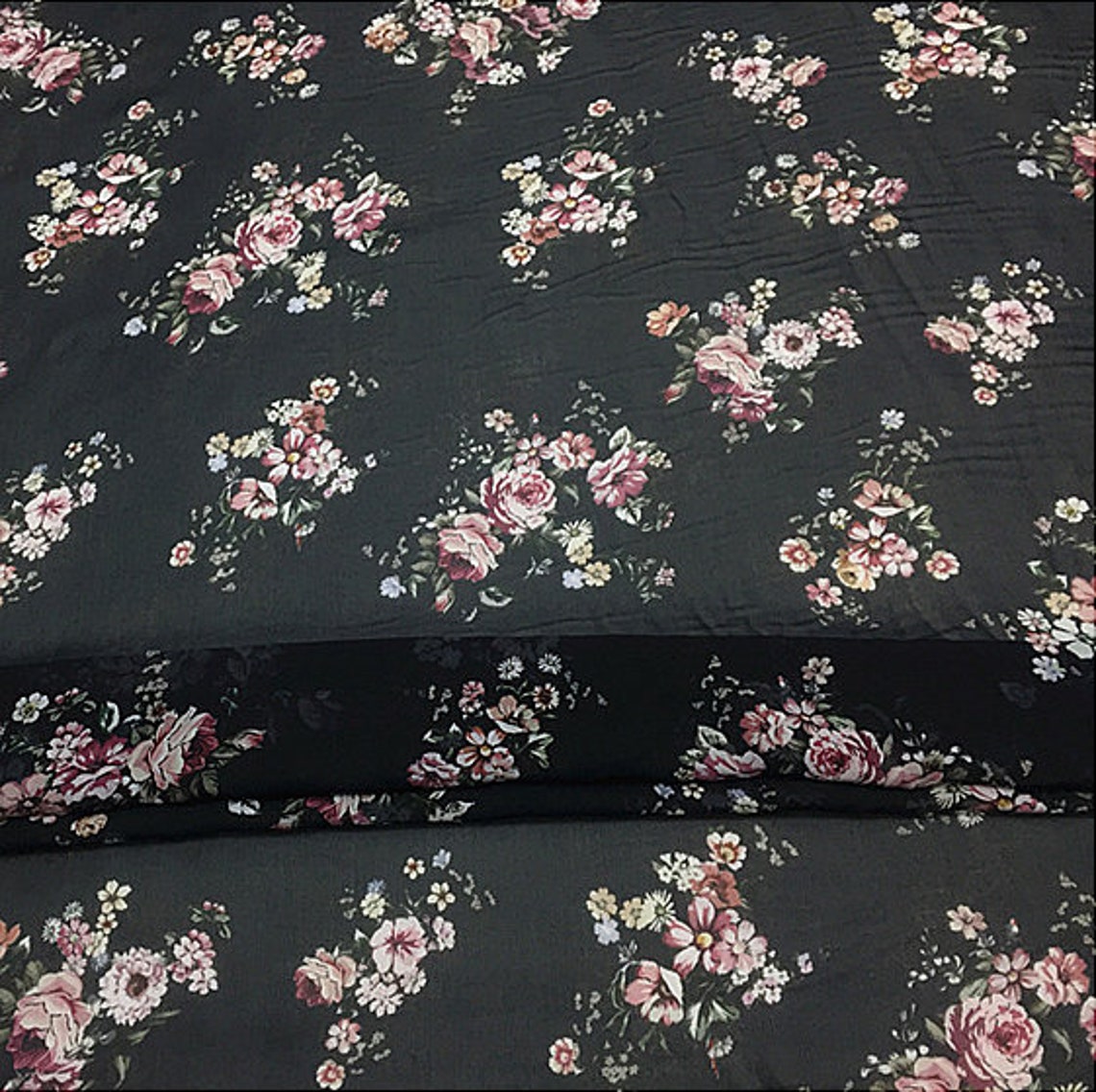 Silk Fabric Floral Print Silk Black Etsy